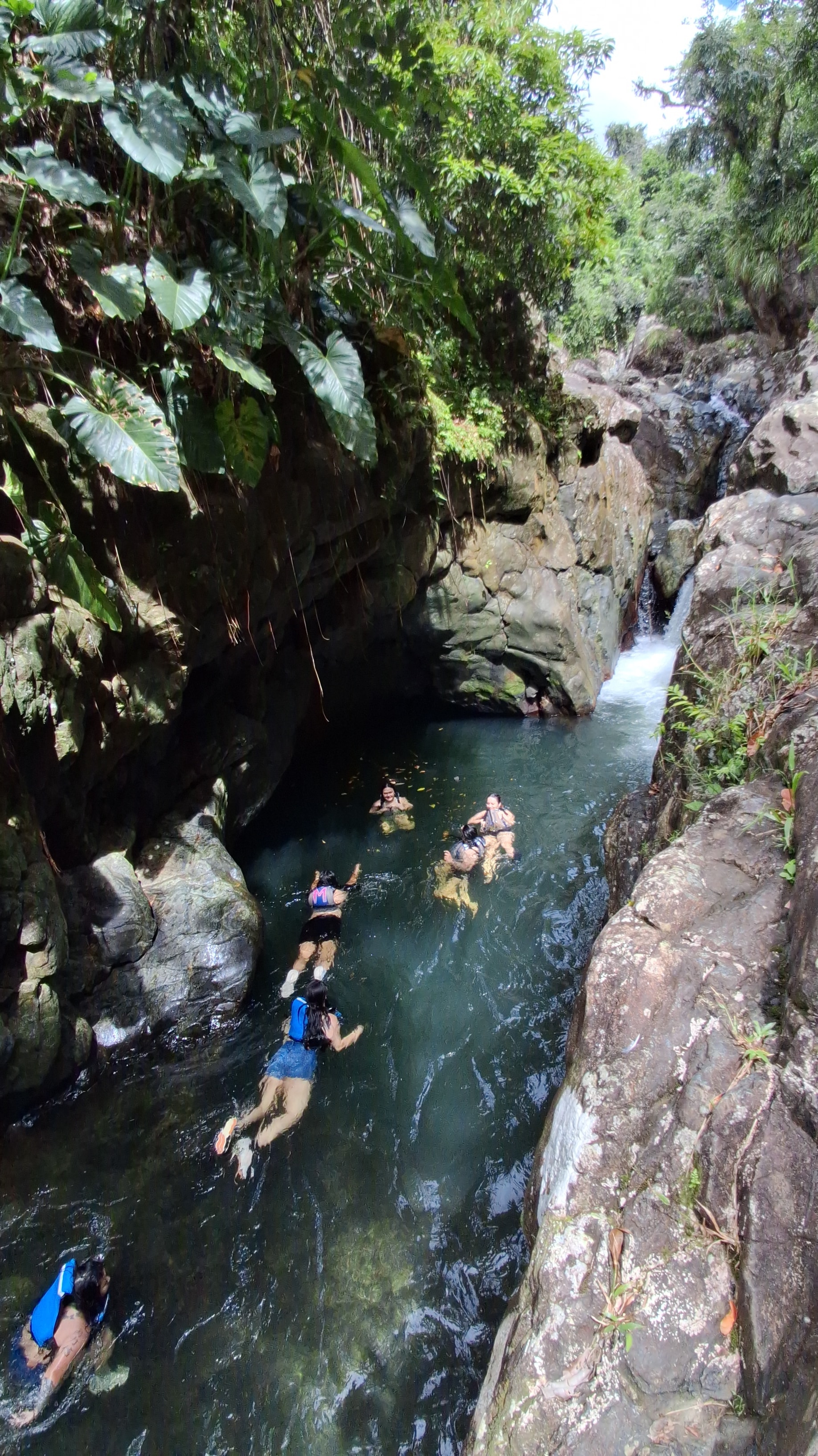 Guests swimming in a jungle river canyon at Las Tinajas